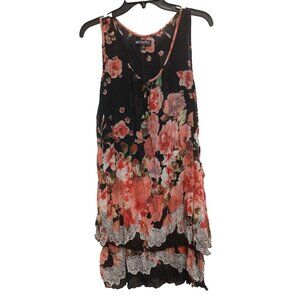 Papillon Womens Whimsygoth BOHO Dress Medium Black Pink Floral Layered Crinkle
